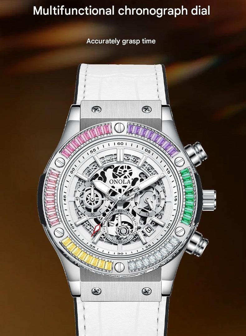 ONOLA ​​ONOLA Men's Multifunction Rainbow Silver White Leather Strap Quartz Watch - 30M Water Resistant, Fashionable Style for Casual & Social Occasions​​ - Image 3