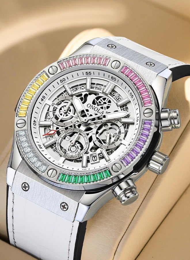 ONOLA ​​ONOLA Men's Multifunction Rainbow Silver White Leather Strap Quartz Watch - 30M Water Resistant, Fashionable Style for Casual & Social Occasions​​ - Image 1