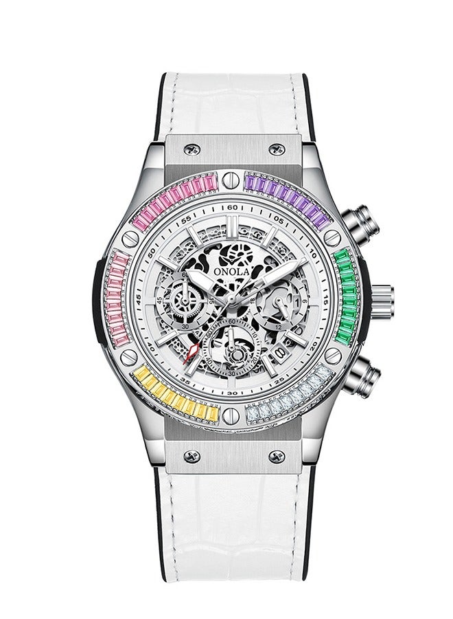 ONOLA ​​ONOLA Men's Multifunction Rainbow Silver White Leather Strap Quartz Watch - 30M Water Resistant, Fashionable Style for Casual & Social Occasions​​ - Image 2