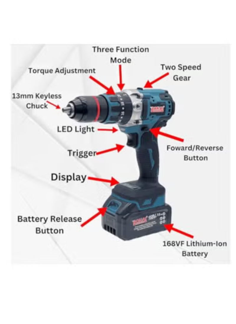 BONAI BONAI BN-13m-1 168VF Cordless Brushless Drill – 65Nm Torque, Dual 7.0Ah Batteries  - Image 4