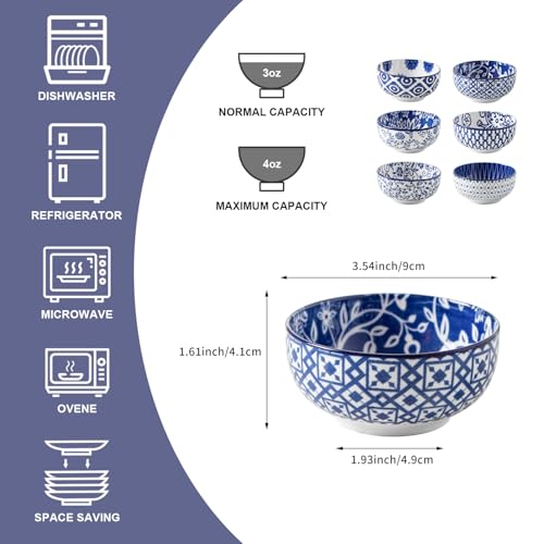 Cerkik Ceramic Dipping Bowls Set - 4 Oz Small Dessert Bowl 3.5 Inch Porcelain Small Bowls for Side Dishes, Snack, Yogurt, Appetizer - Microwave Dishwasher Safe - Set of 6 - Vintage Blue - Image 3