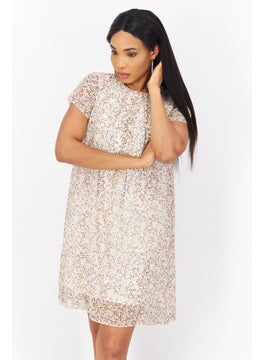 Zero Women Floral Printed Mini Dress, Off White Combo  - Image 1