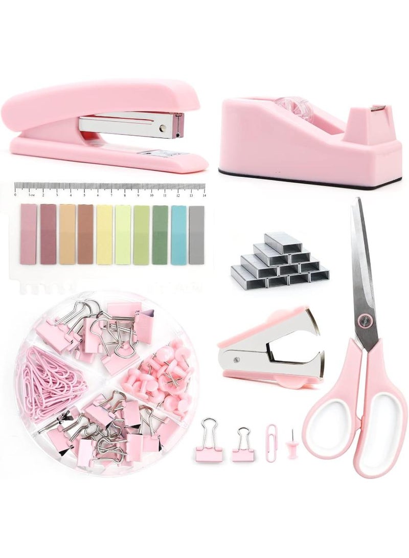 KHAJUL Office Supplies, Desk Accessories, Stapler and Tape Dispenser Set for Women with Stapler, Tape Dispenser, Staple Remover, Staples, Clips, Scissor and Tabs,Gift for Students, Coworkers (Pink)  - Image 1