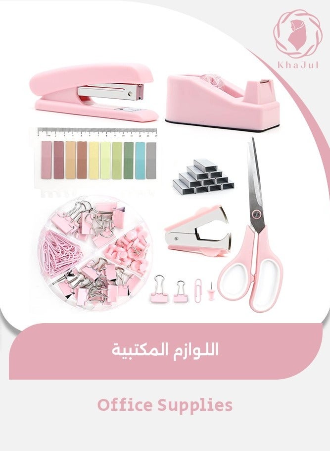 KHAJUL Office Supplies, Desk Accessories, Stapler and Tape Dispenser Set for Women with Stapler, Tape Dispenser, Staple Remover, Staples, Clips, Scissor and Tabs,Gift for Students, Coworkers (Pink) - Image 1