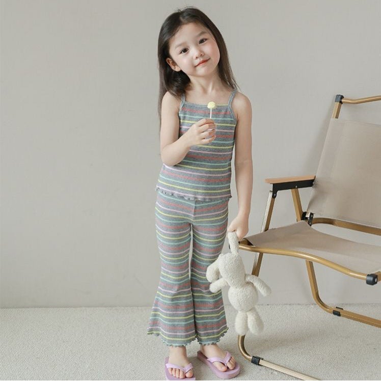 Girls Summer Korean Fashion Ice Silk Stripe Vest Flare Pants Set Gray color strips