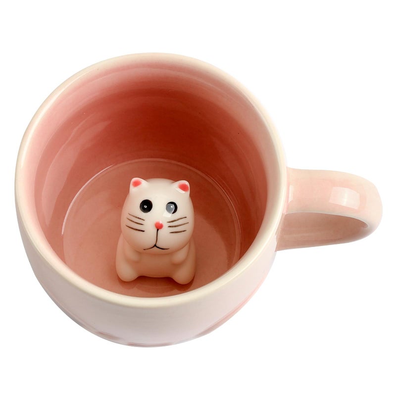 Ewaymado Cat Ceramic Mug Hidden 3D Animal Inside CupHandmade Animal Figurine TeacupChristmasBirthdayMothers Day Gifts for Friends Family or KidsPink Cat