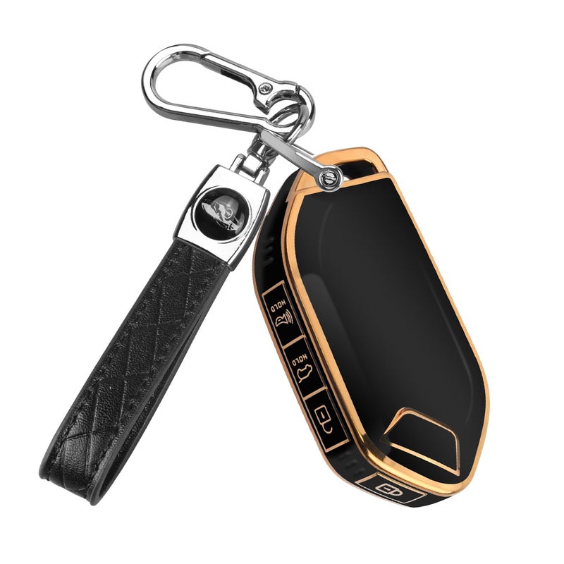 QBUC for Kia Key fob CoverSoft TPU 360Car Key Case Protector with Leather Keychain Compatible with Kia Telluride 20232024 5 Buttons Smart Key Black