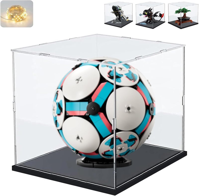 إليبيور علبة عرض أكريليك 3 مم لمجموعة Lego 43019 كرة قدم 10375 Toothless Dragons 10281 Bonsai 75433 21590 75403 43287 تمثال، صندوق بليكسي جلاس شفاف سميك مع إضاءة LED، داخلي أسود 25×25×25 سم - Image 1