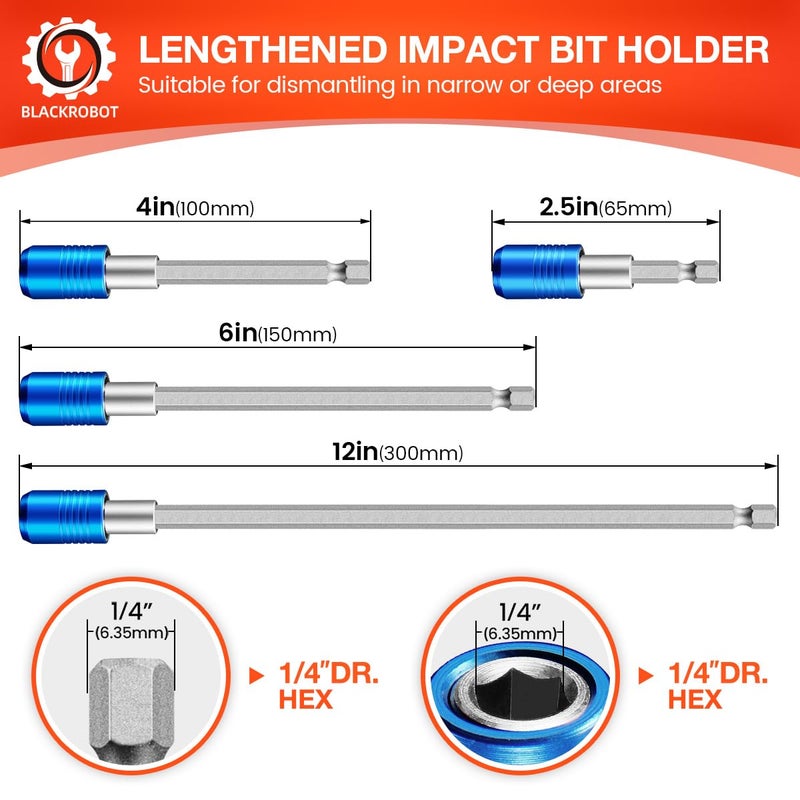 BLACKROBOT 4-Piece Drill Bit Extension Set, Magnetic Quick Change Impact Bit Holder in 2.5", 4", 6", 12" Sizes, for 1/4" Hex Drives, CR-V Steel, Ideal for Screwdriver Bits, Nuts, Drills - Image 2