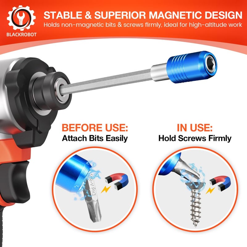 BLACKROBOT 4-Piece Drill Bit Extension Set, Magnetic Quick Change Impact Bit Holder in 2.5", 4", 6", 12" Sizes, for 1/4" Hex Drives, CR-V Steel, Ideal for Screwdriver Bits, Nuts, Drills - Image 5