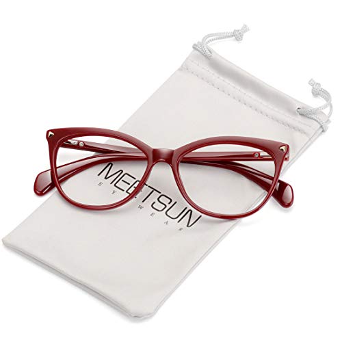 MEETSUN Non Prescription Glasses Frames For Women，Retro Cateye Fake Eyeglasses HD Clear Lens (Dark Red Frame Clear Lens) - Image 1