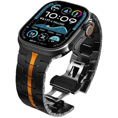 WINGLE Titanium Bands for Apple Watch Band Ultra 3/2/1 Band 49mm Series 11 10 46mm 45mm 44mm 42mm SE 3/2/1 Series 9 8 7 6 5 4 3 Men, Classy Business Lightweight Rugged iWatch Bands, Black/Orange - Image 1