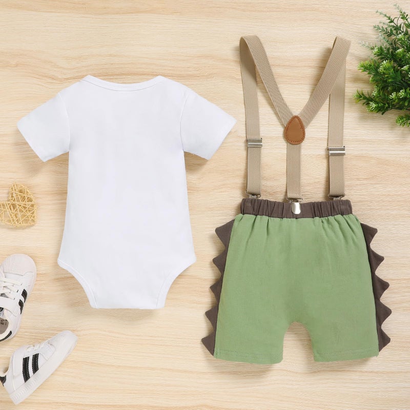 Viworld Baby Boys 1st Birthday Clothes Dinosaur Short Sleeve Romper Short Pants Adjustable Y Back Suspenders Cake Smash Outfits(Green#C,12-18M) - Image 4