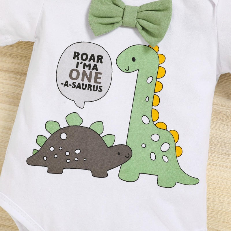 Viworld Baby Boys 1st Birthday Clothes Dinosaur Short Sleeve Romper Short Pants Adjustable Y Back Suspenders Cake Smash Outfits(Green#C,12-18M) - Image 5