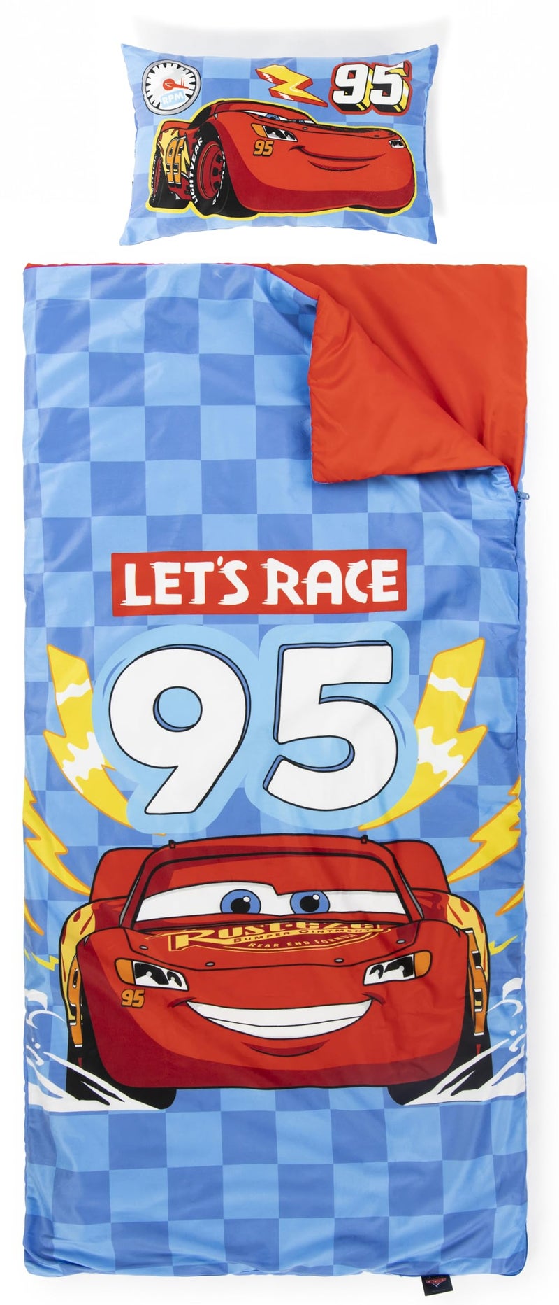 Jay Franco Kids Slumber Bag and Pillow - 54 x 27 Inch Comfy Indoor Sleeping Bag for School and Sleepovers  2 Piece Set  Blue - Cars - Image 1