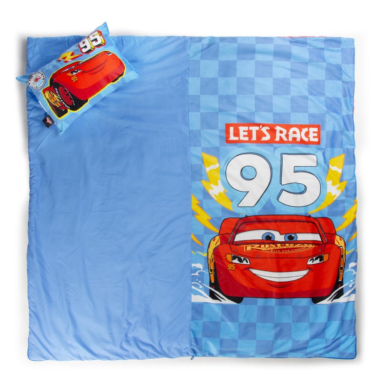 Jay Franco Kids Slumber Bag and Pillow - 54 x 27 Inch Comfy Indoor Sleeping Bag for School and Sleepovers  2 Piece Set  Blue - Cars - Image 5
