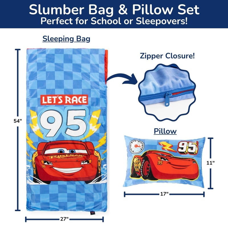 Jay Franco Kids Slumber Bag and Pillow - 54 x 27 Inch Comfy Indoor Sleeping Bag for School and Sleepovers  2 Piece Set  Blue - Cars - Image 2