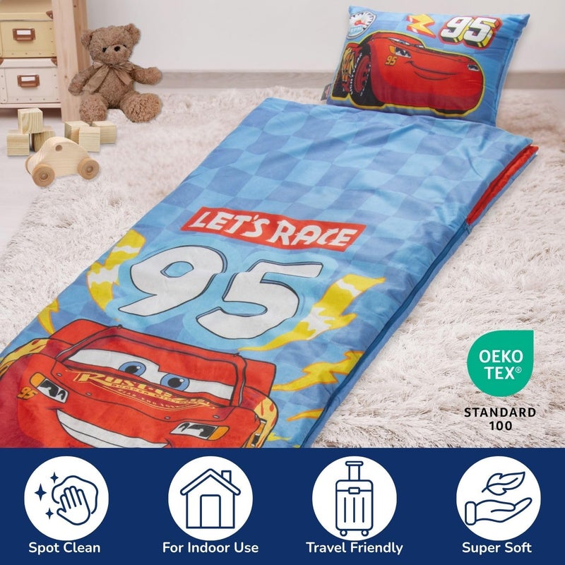 Jay Franco Kids Slumber Bag and Pillow - 54 x 27 Inch Comfy Indoor Sleeping Bag for School and Sleepovers  2 Piece Set  Blue - Cars - Image 3