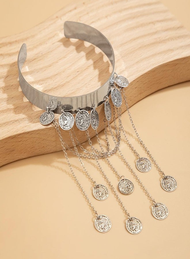 Aimimier Boho Vintage Silver Arm Cuff with Coin Chain Tassels Wide Upper Armband Open Bracelet Beach Armlet Costume Accessories for Women - Image 5