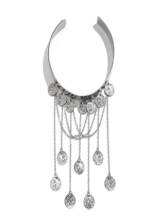 Aimimier Boho Vintage Silver Arm Cuff with Coin Chain Tassels Wide Upper Armband Open Bracelet Beach Armlet Costume Accessories for Women - Image 4