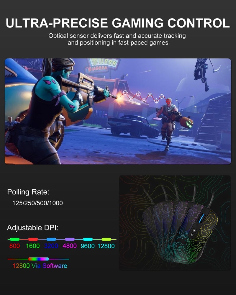 COSTOM Womier G706 USB Wired Gaming Mouse for PC Computer Windows Mac Laptop, Lightweight Silent RGB Backlit Mouse with Adjustable 12000DPI/7 Programmable Side Buttons,Topographic Theme (Black Topographic) - Image 3