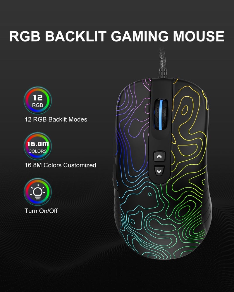 COSTOM Womier G706 USB Wired Gaming Mouse for PC Computer Windows Mac Laptop, Lightweight Silent RGB Backlit Mouse with Adjustable 12000DPI/7 Programmable Side Buttons,Topographic Theme (Black Topographic) - Image 2