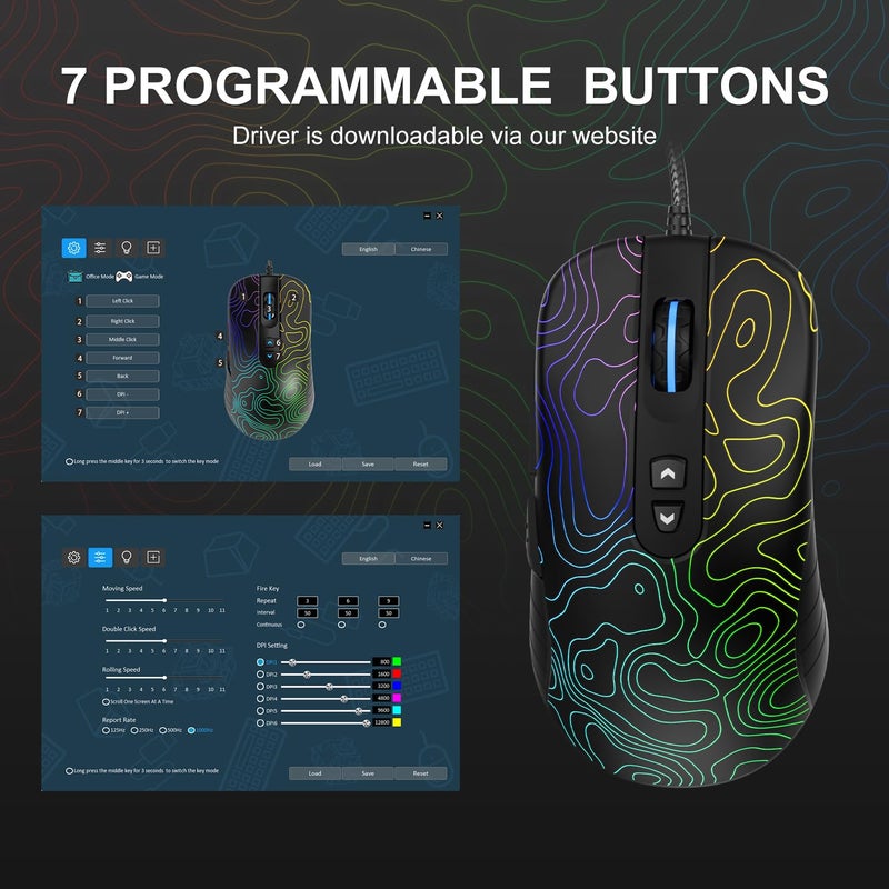 COSTOM Womier G706 USB Wired Gaming Mouse for PC Computer Windows Mac Laptop, Lightweight Silent RGB Backlit Mouse with Adjustable 12000DPI/7 Programmable Side Buttons,Topographic Theme (Black Topographic) - Image 5