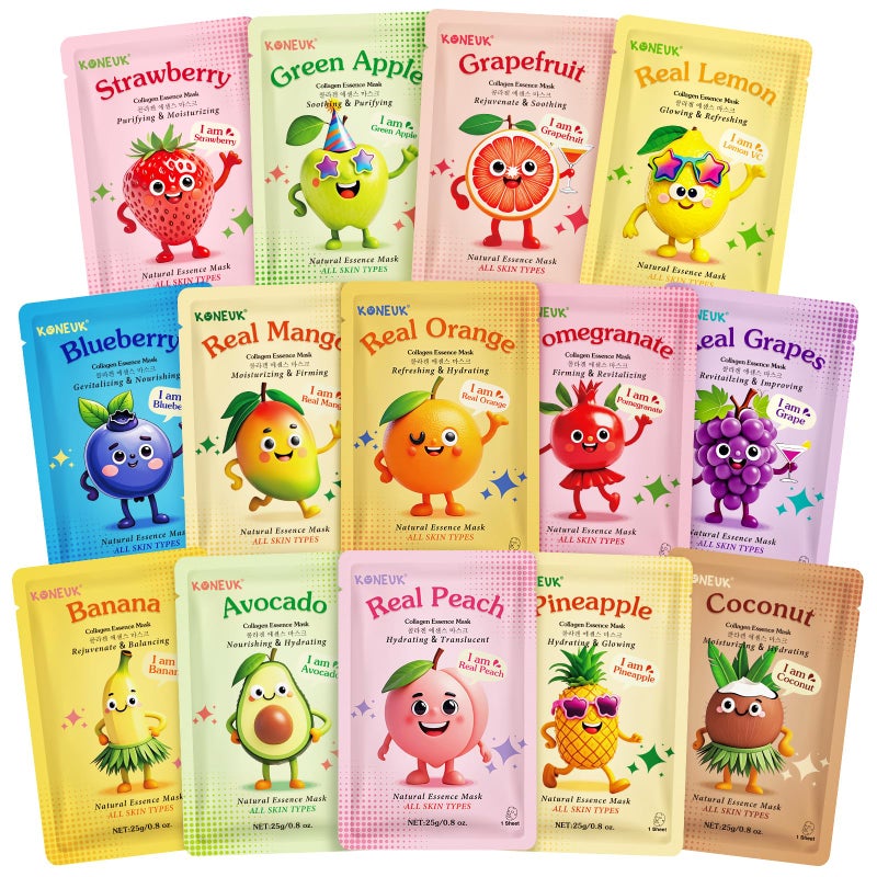 KONEUK 14 Pack Fruit Face Masks Skincare for Kids, Sheet Hydrating Facial Mask for All Skin Types, Bulk Collagen Face Mask for Women Skin Care, Birthday Party Spa Gifts for Teens Girls - Image 1