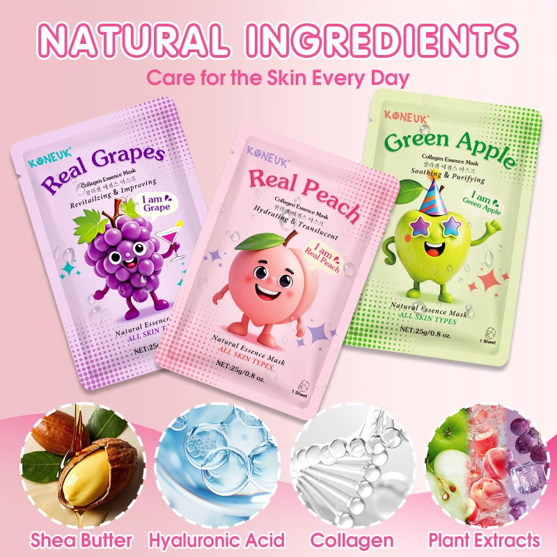 KONEUK 14 Pack Fruit Face Masks Skincare for Kids, Sheet Hydrating Facial Mask for All Skin Types, Bulk Collagen Face Mask for Women Skin Care, Birthday Party Spa Gifts for Teens Girls - Image 3
