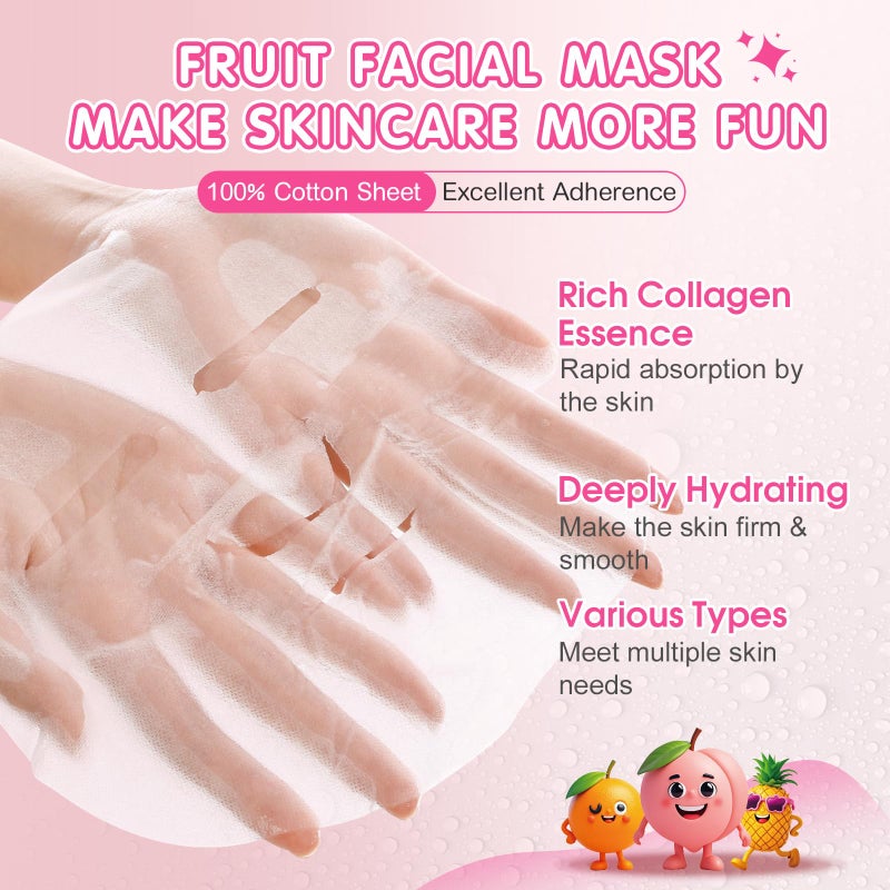 KONEUK 14 Pack Fruit Face Masks Skincare for Kids, Sheet Hydrating Facial Mask for All Skin Types, Bulk Collagen Face Mask for Women Skin Care, Birthday Party Spa Gifts for Teens Girls - Image 2