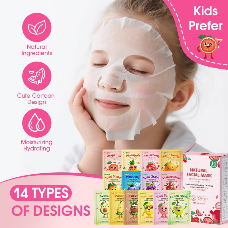 KONEUK 14 Pack Fruit Face Masks Skincare for Kids, Sheet Hydrating Facial Mask for All Skin Types, Bulk Collagen Face Mask for Women Skin Care, Birthday Party Spa Gifts for Teens Girls - Image 4