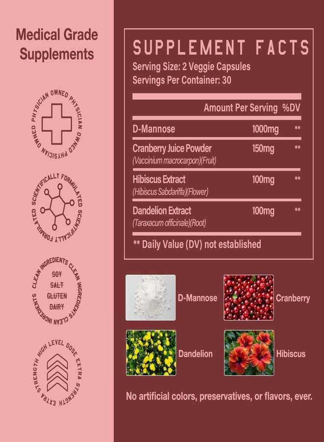 High Level D-Mannose 1000mg, Urinary Tract & Bladder Health Support, D Mannose Supplements for Women, Cranberry, Hibiscus & Dandelion, Utri Cleanse, 60 Capsules, Vegetarian, Gluten Free - Image 3