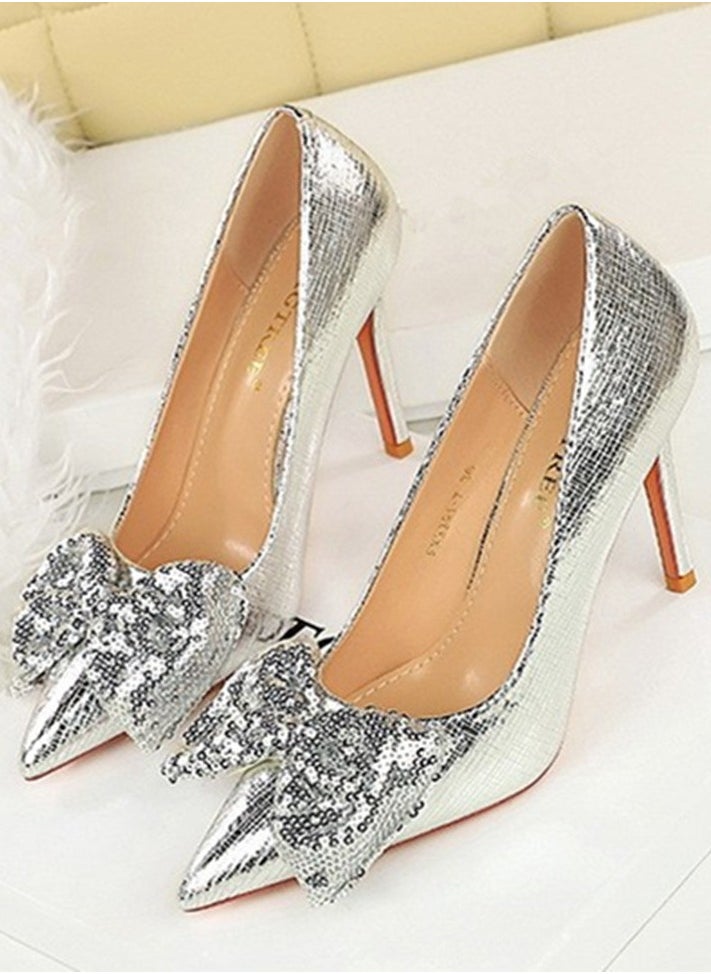 BIGTREE Women's Closed Pointed Toe Stiletto Pump Sequin Bowknot Decoration High Heels Silver 10 CM  - Image 1