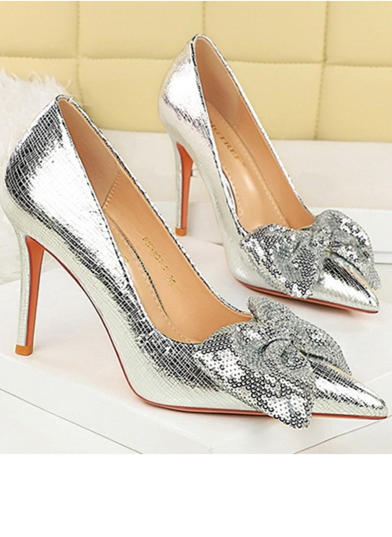 BIGTREE Women's Closed Pointed Toe Stiletto Pump Sequin Bowknot Decoration High Heels Silver 10 CM  - Image 2
