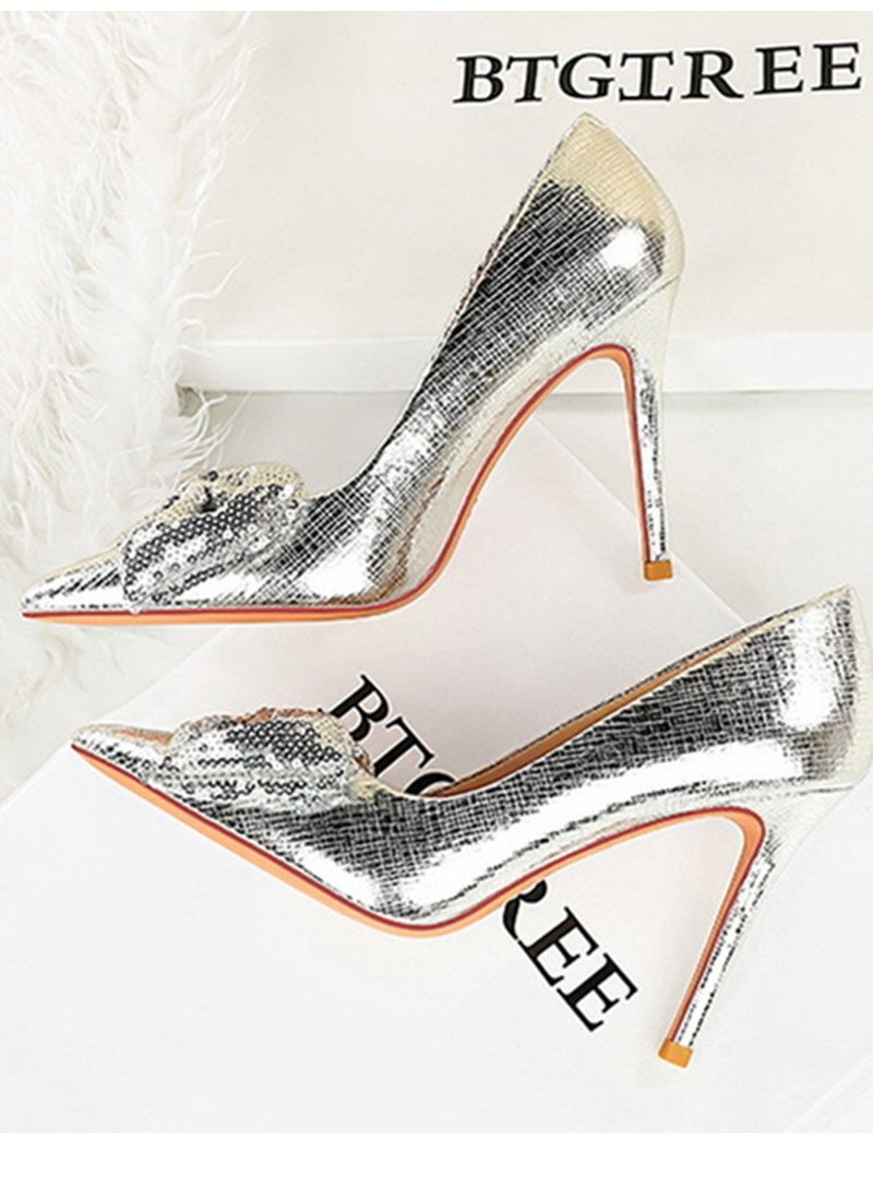 BIGTREE Women's Closed Pointed Toe Stiletto Pump Sequin Bowknot Decoration High Heels Silver 10 CM  - Image 3