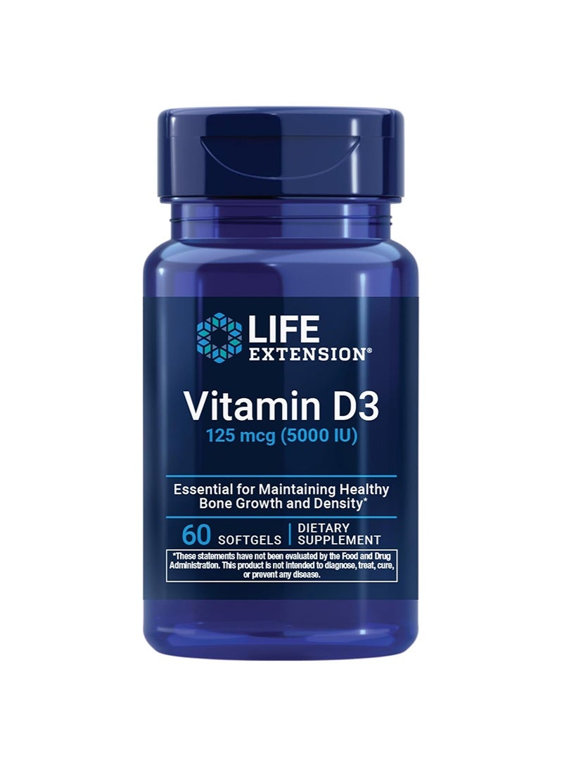 Life Extension Vitamin D3 125 mcg (5000 IU), Bone Health, Brain Performance, Immune System Support, Gluten-Free, Non-GMO, Once Daily, Two-Month Supply, 60 Softgels - Image 1