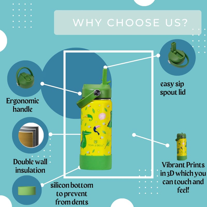 TOM  BELL Insulated Water Bottle for Kids 500ml,Double Wall Water Bottle for School, Sipper Bottle,Hot and Cold, Premium 304 Stainless Steel (toucan, 500ml) - Image 5