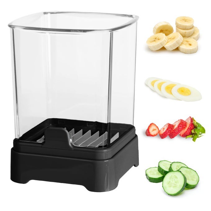 FRUIT SLICER CUP FOR STRAWBERRY BANANA HARDBOILED EGG DETACHABLE CUTTER WITH PUSH PLATE RAPID SAFE SLICING KITCHEN GADGET FOR QUICK MEAL PREP BLACK