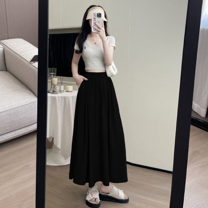 Lazy Style Yamamoto High Waist Half-length Umbrella Skirt Womens Summer New Korean Style Casual Slimming Mid-length Cotton Linen Large Swing Skirt Hot Black (with pockets)