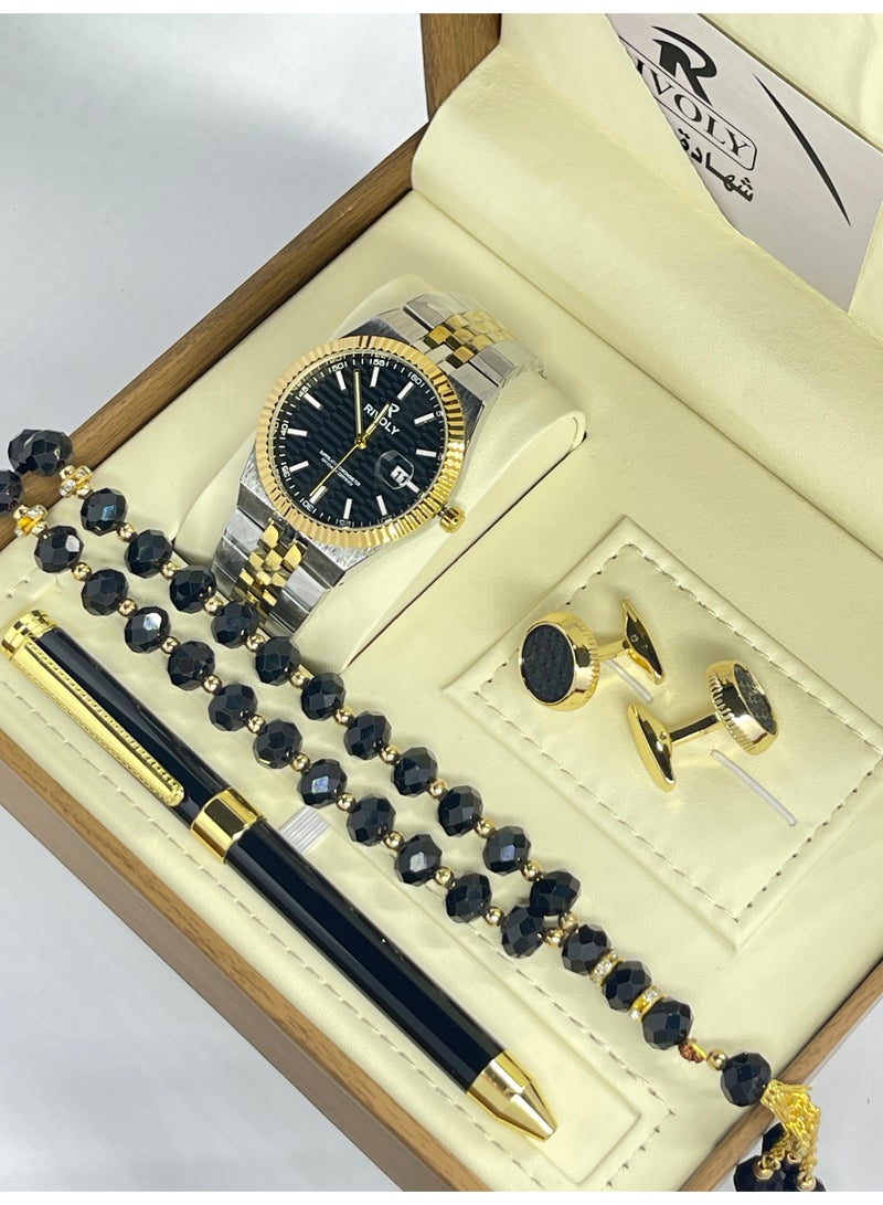 Rivoly "Men's Luxury Stainless Steel Watch Gift Set with Pen, Cufflinks, and Elegant Tasbih" - Image 1