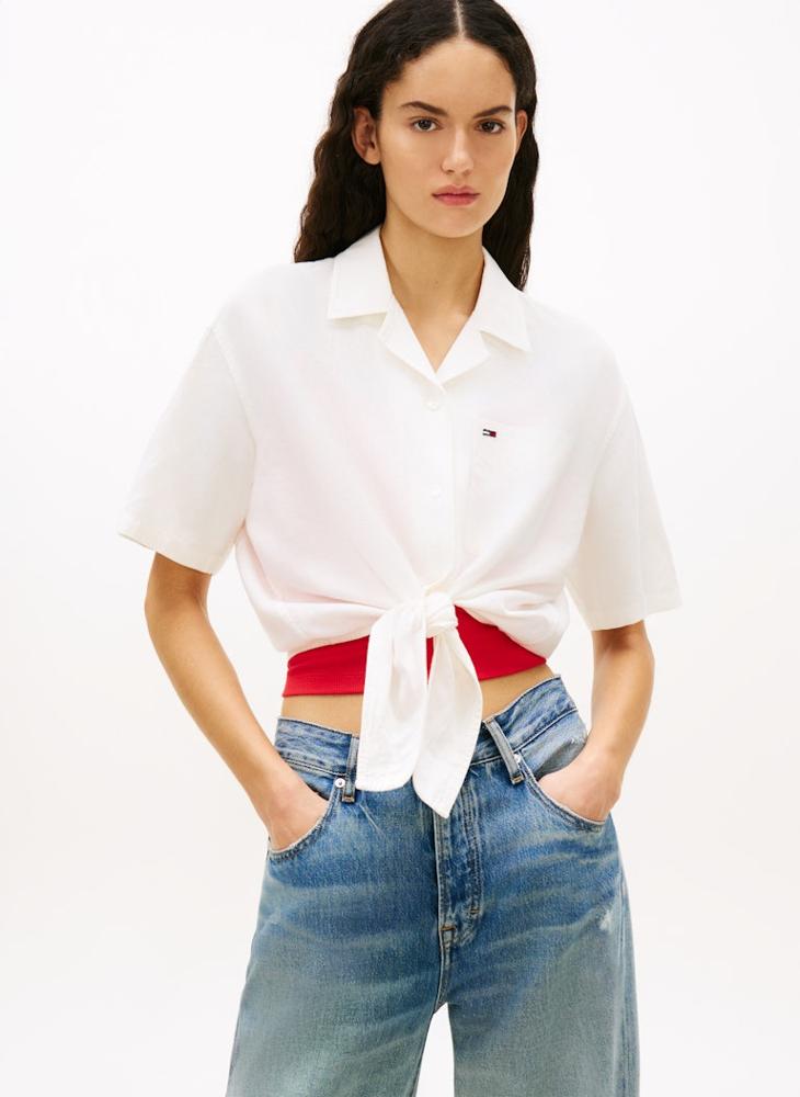 TOMMY JEANS Relaxed Fit Linen Blend Tie Front Shirt - Image 3