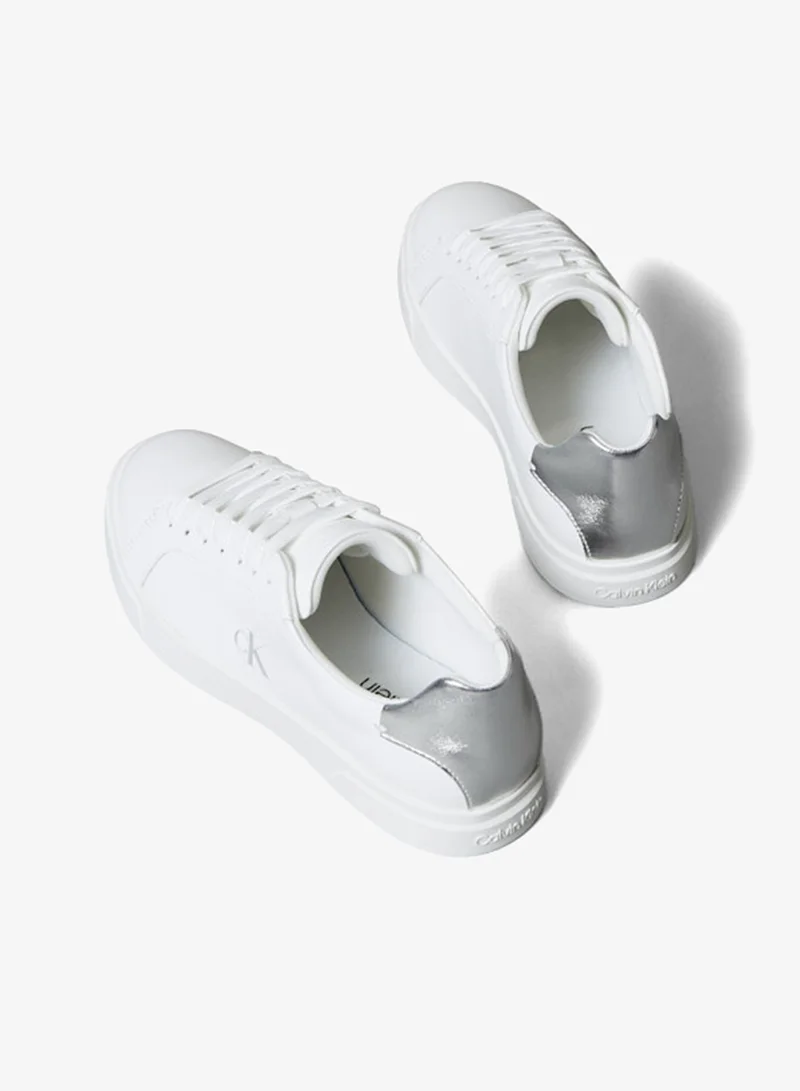 Calvin Klein Bright White/Silver Leather Cupsole Monogram Trainers for Women | Best Price UAE