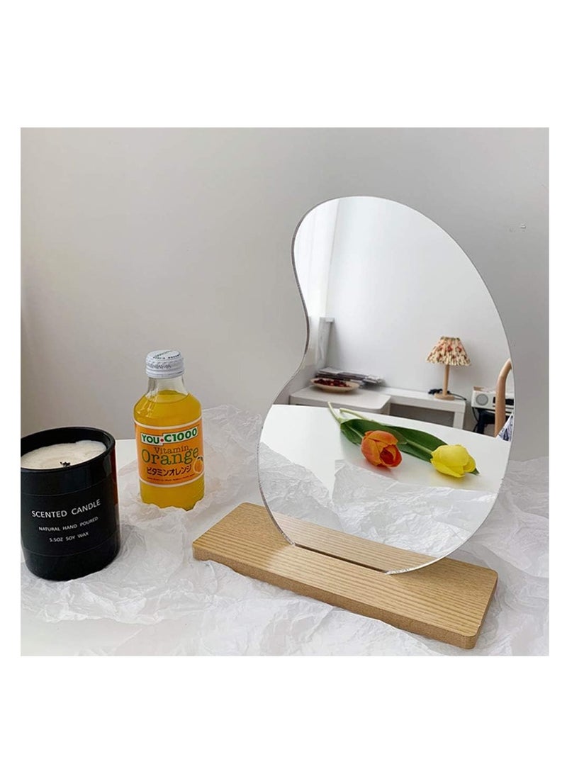 Irregular Aesthetic Vanity Mirror Frameless, Decorative Desk Tabletop Acrylic Mirrors with Wooden Stand for Living Room, Bedroom, and Minimal Spaces Home Decor - Mango Shape