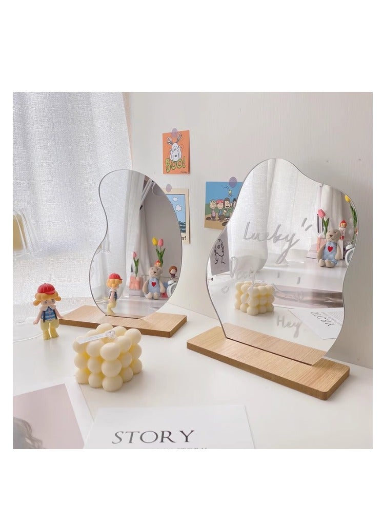 Irregular Aesthetic Vanity Mirror Frameless, Decorative Desk Tabletop Acrylic Mirrors with Wooden Stand for Living Room, Bedroom, and Minimal Spaces Home Decor - Mango Shape