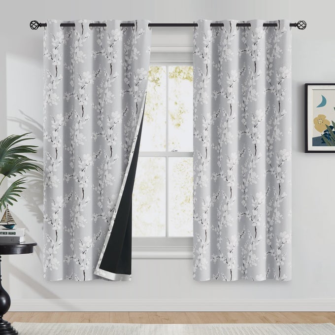 100 BLACKOUT FLORAL CURTAINS FOR BEDROOM GREY CURTAINS 63 INCH LENGTH BLOSSOM FLOWER PATTERNED FOR LIVING ROOMTHERMAL INSULATED DRAPES FARMHOUSE GROMMET TOP 2 PANELS WHITE ON GREY
