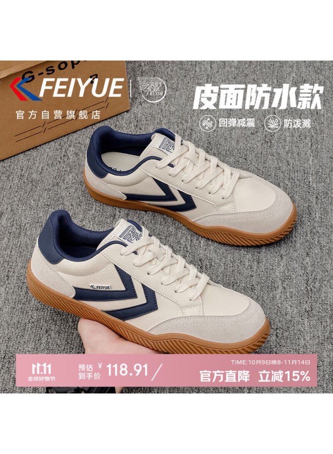 Feiyue Men's Shoes, Training Shoes, New Winter Style Leather Upper, Thickened Warm Casual Shoes For Men, Couple Style, Beige-gray And Dark Blue, Size 40