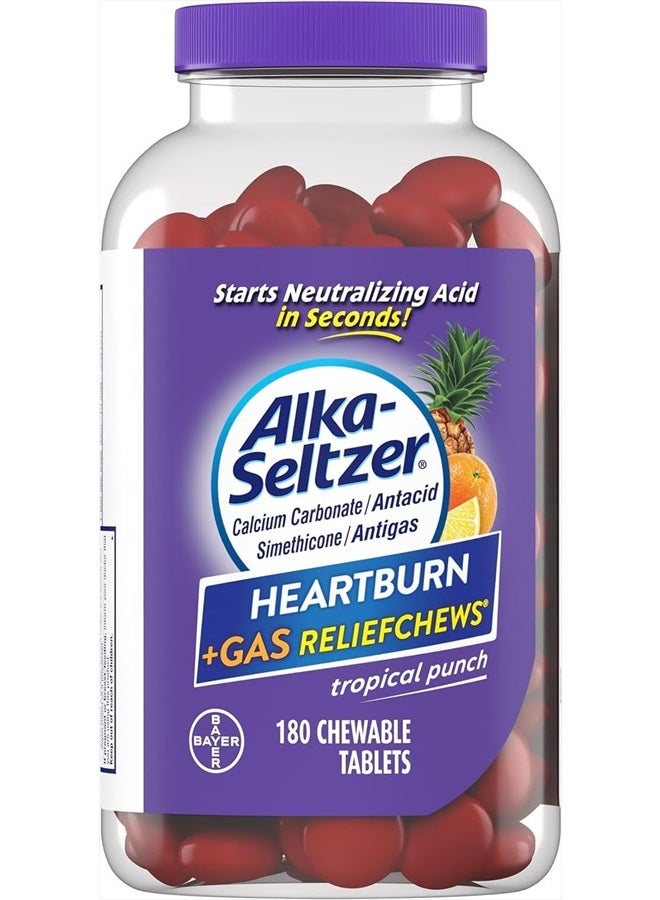 Alka-Seltzer Heartburn+Gas ReliefChews, Fast Antacid + Antigas Relief from Heartburn, Bloating, and Pressure, Fast Acting, Tropical Flavored Heartburn Medicine, 180 Ct (Package May Vary) - Image 1