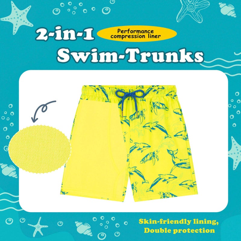 UMELOK Boys Swim Trunks Swimsuit Boxer Brief 2 in 1 Compression Liner Stretch Swim Shorts Quick Dry Beach Bathing Suit Neon Yellow Shark 10/12 - Image 2