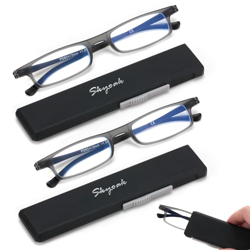 SKYOAK 2 Pack Ultra thin Lightweight Folding Reading Glasses Women Men TR90 Blue Light Blocking Anti UV/Eyestrain Foldable Compact Computer Readers Portable Unique Stretchable Slim Flat case Gunmetal, +2.0 - Image 1