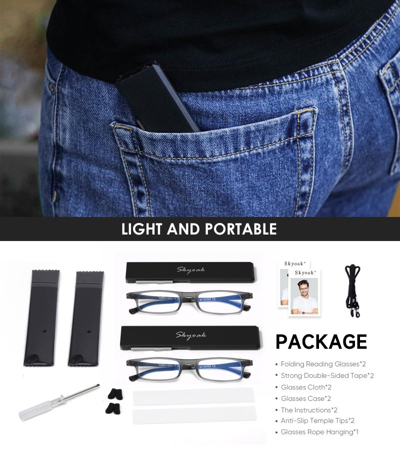 SKYOAK 2 Pack Ultra thin Lightweight Folding Reading Glasses Women Men TR90 Blue Light Blocking Anti UV/Eyestrain Foldable Compact Computer Readers Portable Unique Stretchable Slim Flat case Gunmetal, +2.0 - Image 4